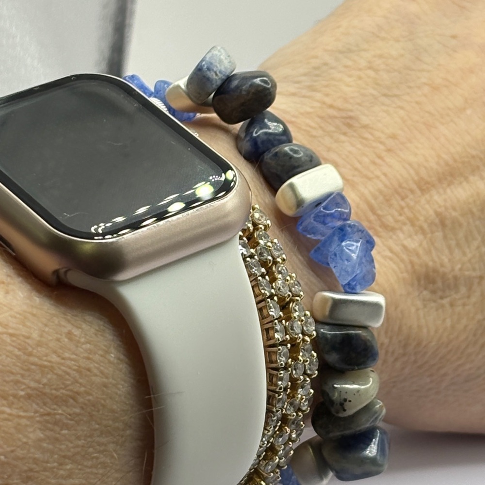 Natural Blue Stone Chip Stretch Bracelet - Boho Silver Accent - Picture 7 of 7